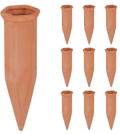 Relaxdays 10 Picos Riego Plantas, Cono Regador, Autorriego con Botellas 1,5 L, Arcilla, Macetas y Jardineras, Terracota, Cerámica, 17 x 5,5 x 5 cm