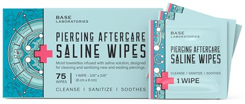 BASE LABORATORIES Salviette Post-trattamento Per Piercing | 75 Salviette Saline Per Naso, Orecchio, Pancia, Labbra | Soluzione Salina Per Piercing | Per Cheloidi E Protuberanze Penetranti