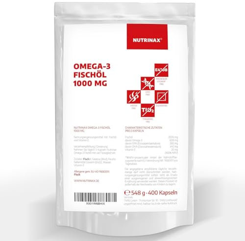 NUTRINAX | Omega 3 Fischöl | 400 Kapseln | 1000mg Fischöl pro Kapsel | mit 180mg EPA und 120mg DHA pro Kapsel | essentielle Fettsäuren Omega-3 hochdosiert