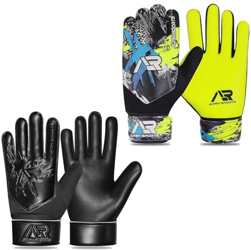 Arsh Sports 2 Pack Soccer Goalie Gloves, Football Goalkeeper Gloves for Kids Boys Youth Children Double Wrist (YellowJet Black, Size 4 Suitable for 6-9 Years)