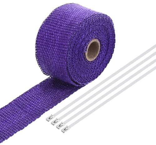 QUARKZMAN Hitzeschutzband 5 Meter x 5cm Auspuff Dichtband Auspuffband Fibreglass mit 4 Edelstahl Kabelbinder, für Auspuffkrümmer von Motorrädern und Autos, Lila