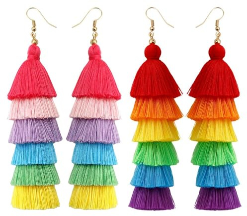2 par färgglada tofsörhängen, regnbågsörhängen, Pride-tillbehör för kvinnor, Rainbow Pride, Einheitsgröße, bomullsrep, Nej