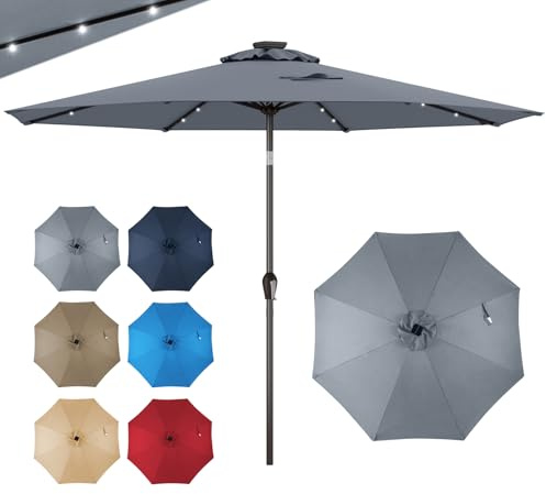 GOPLUS Parasol de Jardin Exterieur 3M, Grand Parasol Inclinable avec Lumineux Solaire 24 LED, 8 Baleines, Manivelle, Anti-UV, pour Plage Balcon Patio, Base Non Incluse (Gris)