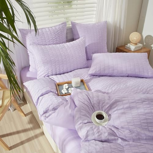 YASMENG Biancheria da letto in seersucker, 135 x 200 cm, colore viola, a righe, moderna, in microfibra, morbida, traspirante, set da 2 pezzi, con chiusura lampo e federa da 80 x 80 cm