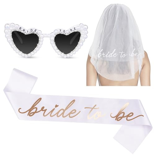 Edussy 3 pcs Bachelorette Party Favors Set,Bride Sunglasses,Bachelorette Sash and Bridal Embroidered Veil for Bride to Be Decorations and Bridal Shower Gift Accessories