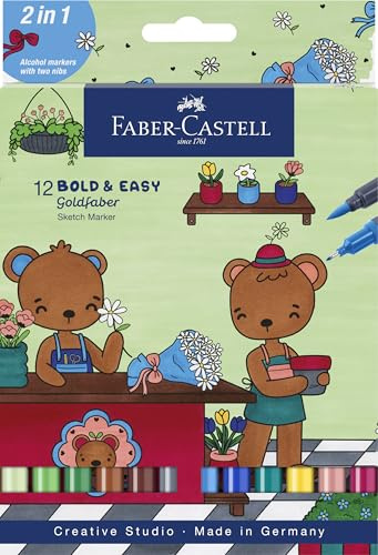 FABER-CASTELL 164815 – Goldfaber Sketch Marker, 12 alkoholmarkörer med penselspets och fineliner-spets