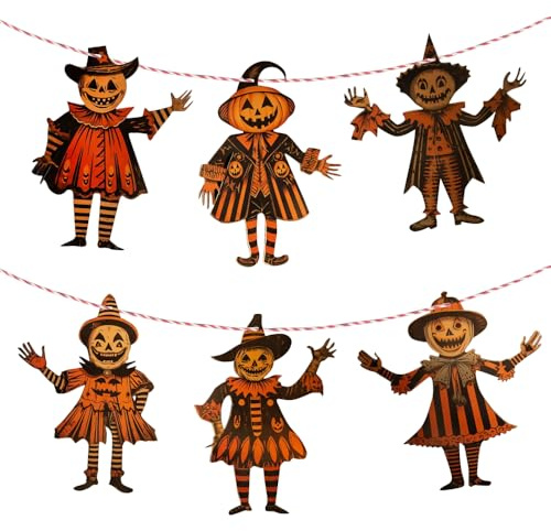 Decoración de Halloween para interiores, 1 guirnalda de decoración de terror vintage, 120 cm de largo, pancarta colgante con 6 cadenas de banderines de madera, para fiesta, terror, calabaza, bruja