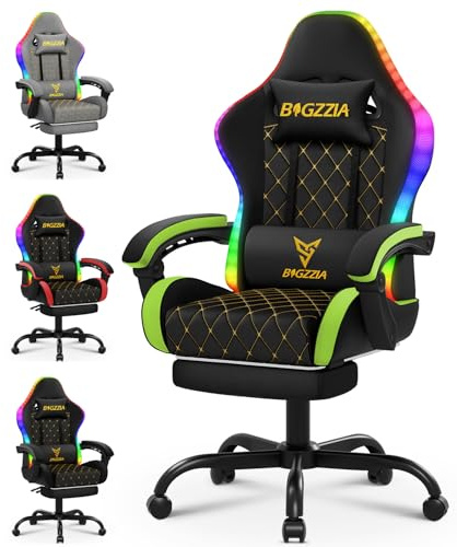bigzzia Sedia Gaming con LED RGB, Sedia da Gaming Ergonomica con Supporto Lombare e Poggiapiedi, Sedie da Gioco Regolabile e Girevole con Una Capacità di Carico di 150 kg(Verde)