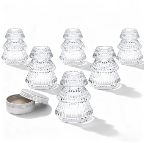 Romcanmy Christmas Candlestick Holders, Set of 6 Clear Crystal Taper Candle Holder with Candles Adhesive Wax, Small Christmas Tree Glass Candle Holder for Table Centrepiece Party Dinner Festive