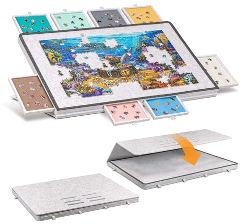 Becko US Tilting Puzzle Board with 2-in-1 Designed Stand & Cover, Lightweight Felt Storage Case with 8 Drawers, Portable Jigsaw Puzzle Table for Games Up to 1500 Pieces