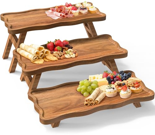 Acacia Wood 3 Tier Cupcake Stand, Serving Tray for Party, Foldable Dessert Table Display Set, Tiered Tray Decor for Party, Birthday, Wedding, Christmas