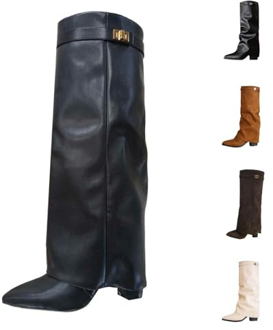 Shark Boots - Stivaletti da donna sopra il ginocchio, con tacco alto, in pelle scamosciata, invernali, caldi, skinny, sexy, alla moda, casual, eleganti, con tacco alto, al ginocchio, Nero , 41 EU