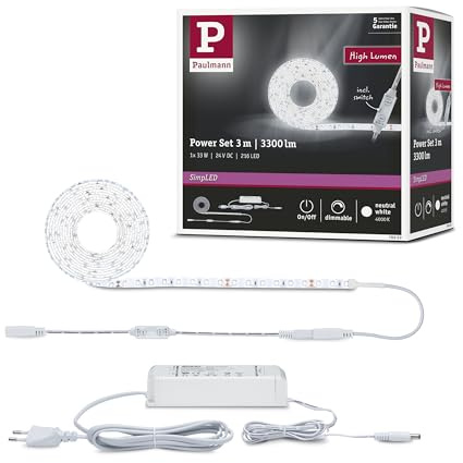 Paulmann 78959 Strip LED SimpLED alimentazione con dimmer su cavo da 3m 1100lm/m incl. 1x33 Watt IP44 dimmerabile bianco plastica 4000 K