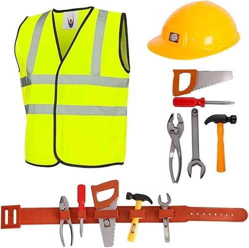 Kit de herramientas de juguete para niños, 8 piezas de construcción, con cinturón de herramientas (5 herramientas únicas), disfraz de trabajador de la construcción para niños y niñas (Mediano)