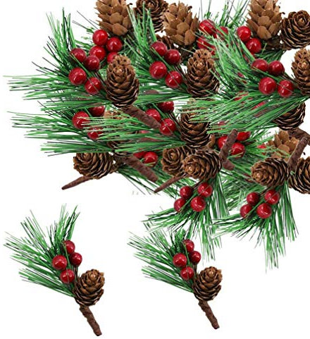 10 Pcs Artificial Pine Picks Christmas Pine Needles with Red Berries Pines Cones,Christmas Artificial Pines Cones Berry Stems Decor Bouquets for Craft,Garden,Xmas Flower Arrangements Wreaths Decor