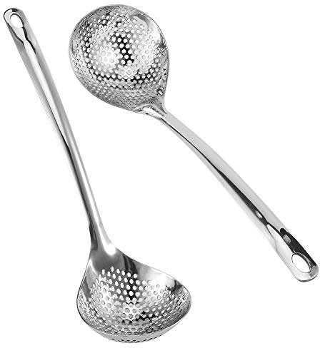 Passoire de cuisine louche, 2 pièces cuillère à tamis, cuillère à fentes en acier inoxydable, cuisine à écumoire, Louche à marmite avec long manche, compatible lave-vaisselle, louche à trou
