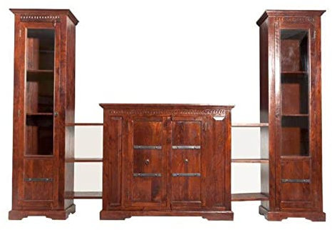 MASSIVMOEBEL24.DE | Oxford Wohnwand aus Massivholz #600 | Akazienholz - Nougat, lackiert | Kolonialstil | 316x39x200 cm | massives Sideboard aus Vollholz