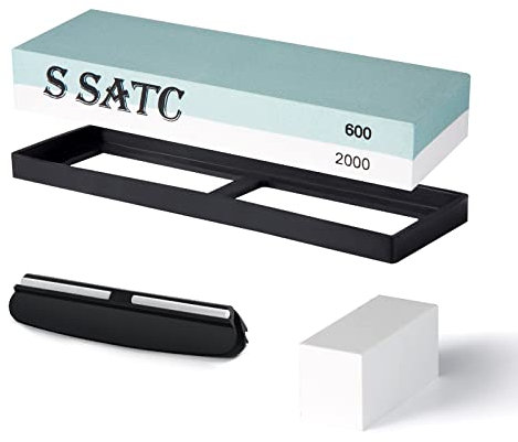 SATC Sharpening Stone Double Sided 600 2000 Grits Kitchen Knife Sharpeners Stone Whetstone with Nonslip Rubber Base Angle Guide, and Fix Stone