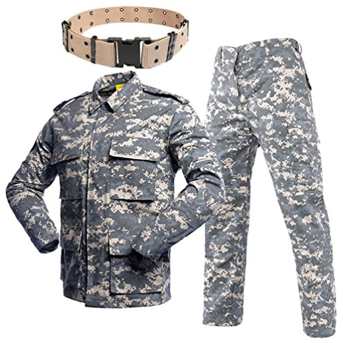 YuanDiann Män utomhus taktiska kamouflagekläder, camo-skjorta & byxor & externt bälte 3-delat set, andningsaktiv slitstark trekking militär stridskläder