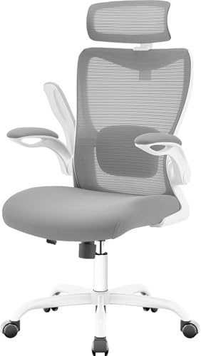 ACMELIFE Silla Escritorio 2D con Soporte Lumbar, Silla ergonomica Escritorio con Brazos Plegables, Silla Oficina reposacabezas Ajustable, Desk Chair Office Chair Capacidad de 150kg, Gris y Blanca