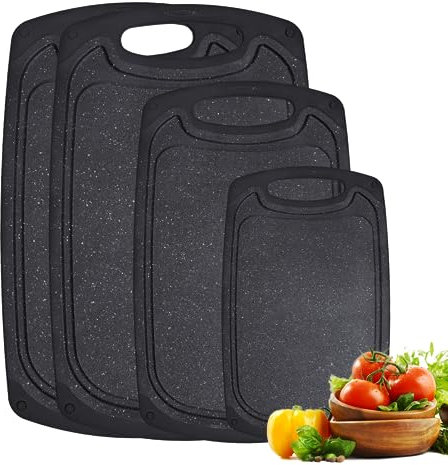 Schneidebrett 4er Set Antibakterielle Frühstücksbrettchen Kunststoff Schneidebrett Rutschfest Brettchen Spülmaschinenfest Küchenbrett mit Saftrille BPA-frei Kunststoff Schneidebretter Set (Black-M)