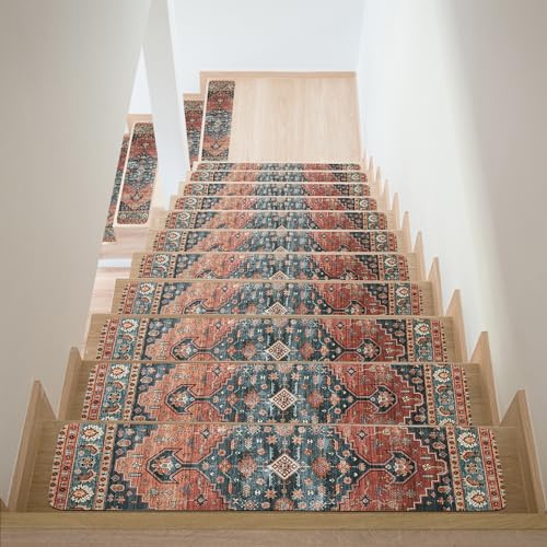 HOMBYS Non-Slip Carpet Stair Treads for Wooden Steps Set of 15, 30X8 Indoor Stair Runner Extra Slip Resistant Stair Rugs Rubber Safety Mats, Stairway Grip Step Treads RED&Blue