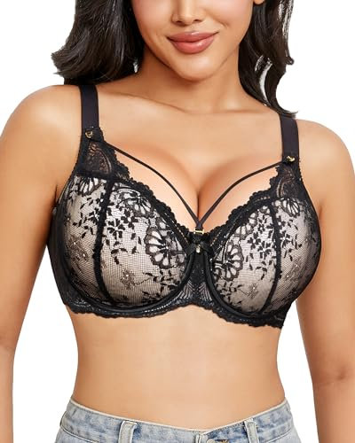Svmer Lace Bras for Women Push Up Lightly Lined Plus Size Sexy Wired Full Cup Bra Black 38D