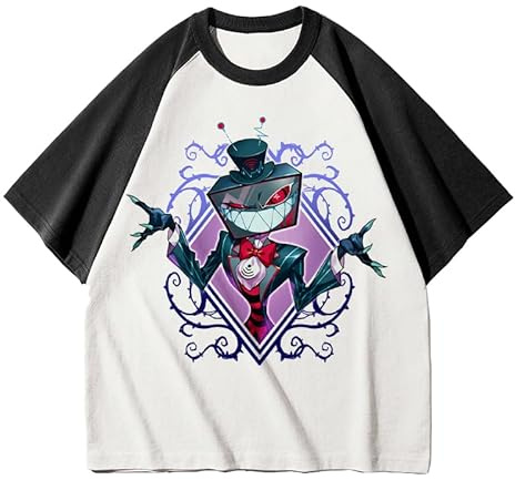 Alastor Hazbin Hotel - Maglietta a maniche corte con stampa anime, classica, colore bianco e nero, a maniche corte, maglietta da baseball, estiva, casual, in cotone, Tipo 7., S Short