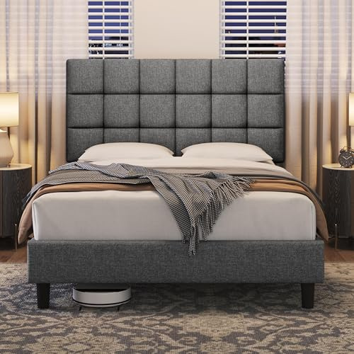Yaheetech Double Upholstered Bed Frame with Adjustable Square Tufted Headboard/Linen Fabric/Sturdy Wooden Slat Support/No Box Spring Needed, 4ft6 Light Grey