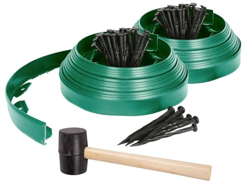 Harbour Housewares 20m Flexible Lawn Edging with 80 Pegs & Mallet - Green - Plastic Garden Edging Grass Border Flower Bed Stone Path Edge Height 4cm Patio Landscaping Divider Palisade