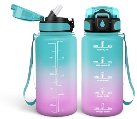 HoneyHolly Gourde Paille, Gourde 500ml, sans BPA & Étanches, Bouteille, Motivation Bouteille d'eau, Avec Marqueur de Temps, Petite Bouteille pour Gym, Ecole, Cyclisme, Plein Air, Sport