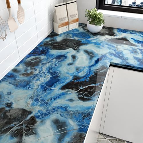 HotDecor Blue/White/Black Marble Wallpaper Kitchen Worktop Vinyl Wrap Washable Sticky Back Wallpaper for Bathroom Blue Matte Marble Sticky Back Plastic Vinyl Wrap for Kitchen Cupboards 40cm x 200cm
