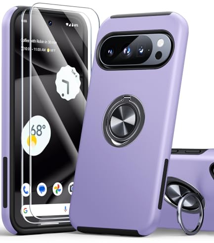 AOUIA för Google Pixel 10 Pro XL-fodral med 2 stycken skyddsglas, 360° ringstativ, stötsäkert skyddsfodral, 3-i-1 mobiltelefonfodral för pixlar 10 Pro XL, violer