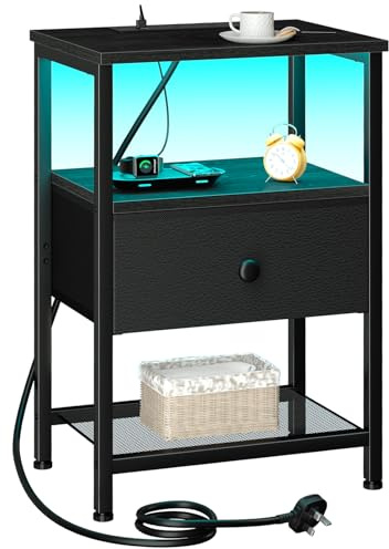 LOAKEKEL Bedside Table with Charging Station, Small Sofa Side Table with LED Light, Bedside Cabinet with Fabric Drawer and Open Storage Shelf, Nightstand for Living Room, Bedroom, Black UHETS01BK-1