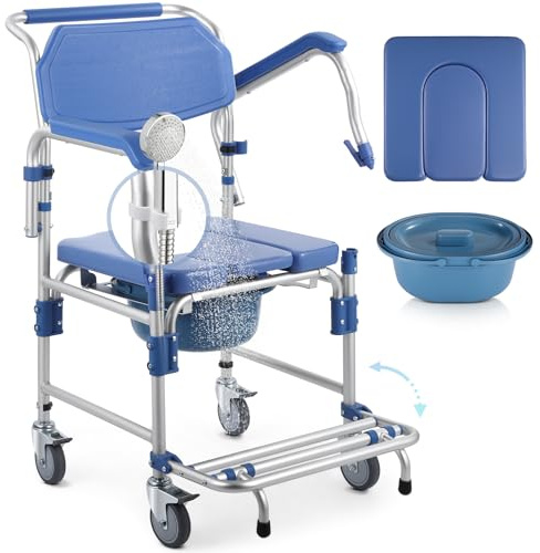 HygiVital Shower Wheelchair with Drop Arms Lockable Casters, 330lbs Heavy Duty Bedside Commode, Waterproof Aluminum Shower Chair, Anti-Tilt Foldable Footrest, Sponge Padded Seat, for Elderly&Mobility