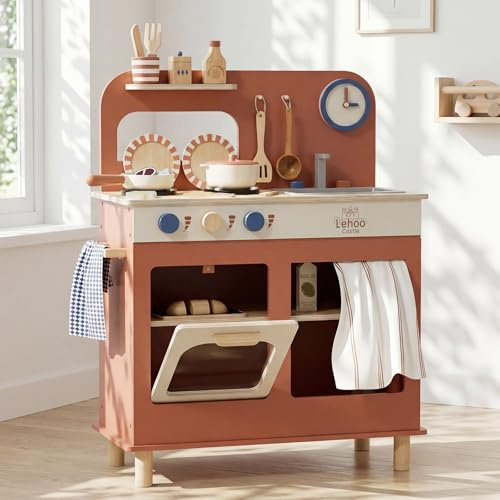Lehoo Castle Cucina Giocattolo per Bambini, Cucina Legno per Bambini con Fornello, Cucina Bambina con Pentole e Padelle, Giochi di Ruolo per 3+ Anni