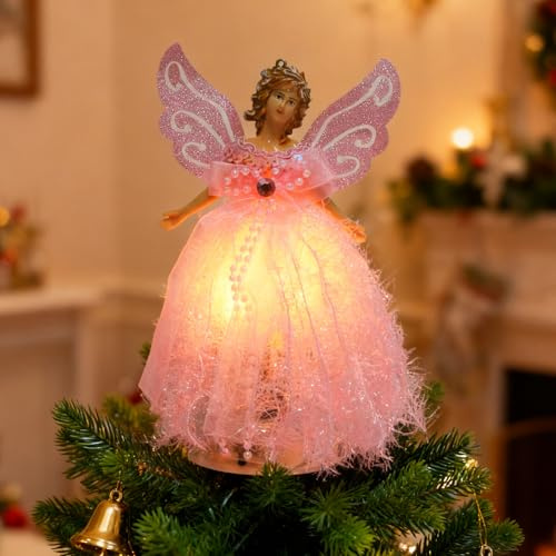 Christmas Angel Tree Topper, Angel Tree Top Figurine Xmas Tree Fairy Topper Light Up Treetop Pendant With Wings for Christmas Tree Home Party Decor