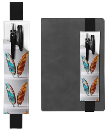 Porte-stylo en cuir noir WZYWHJ avec ailes en vitrail imprimé – Bande élastique en cuir PVC de qualité supérieure pour cahiers, journaux et planificateurs