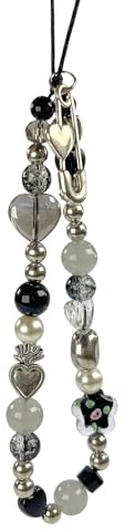 jklymm Elegante llavero de cuentas con colgante de cadena para teléfono celular, cuerda para teléfono celular, joyería negra y gris
