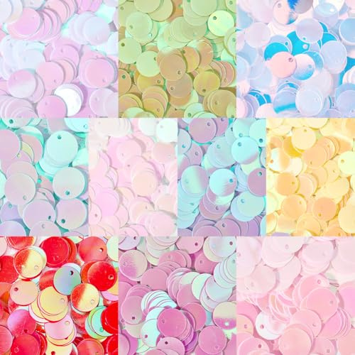 SUNNYCLUE 1 caja de Aproximadamente 3040 piezas 80G 10 colores 10mm Lentejuelas Redondas Planas Paillettes Planas A Granel Arte Costura Colorida PVC Plástico Iridiscente Lentejuelas para Artesanía Bod
