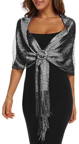 Rheane Sparkling Metallic Shawls and Wraps with Buckle for Evening Party Dresses Wedding Party, I. Black/Silver (With Black Buckle), Large