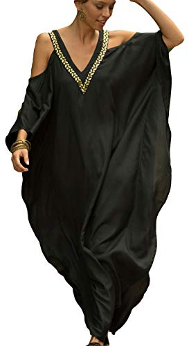 Bsubseach Robe de Plage Femme Caftan Épaule Froide Col en V Cache-Maillot de Bain Maxi Kimono Djellaba Grande Taille Kaftan Noir