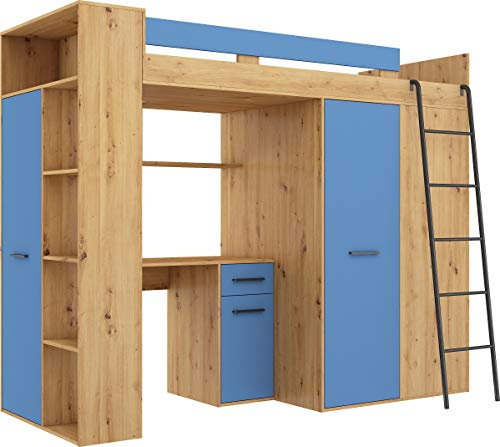 High Sleeper Bed with Desk, Wardrobe and Bookcase - Space Saving Loft Bed for Kids/Children (236x120x190 cm) - 90x200 cm Mattress Size - Right Hand-side Ladder - VERANA (Artisan Oak / Blue)