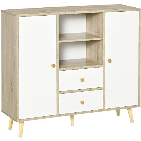 HOMCOM Aparador de Salón con 2 Puertas 2 Cajones y 2 Estantes Abiertos Mueble Auxiliar de Almacenaje para Cocina Recibidor 100x30x85 cm Blanco y Natural