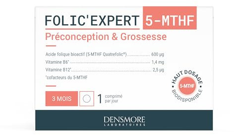 Densmore - Folic'Expert - Vitamine B9 et B12 - 600 µg d'Acide Folique - Désir d'Enfant et Début de Grossesse - 90 comprimés - Cure de 3 mois - Fabriqué en France