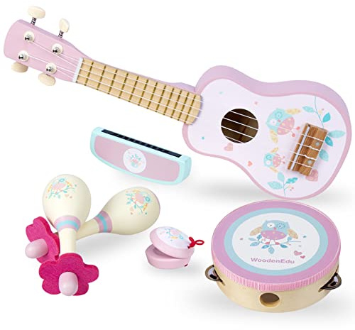 WoodenEdu Kids Guitar for Girls, Wooden Musical Instruments Toys with Ukulele, Tambourine, Maracas, Harmonica, Mini Band Sets for Toddlers 2 3 Years Old Birthday Gift (Pink for Girls)