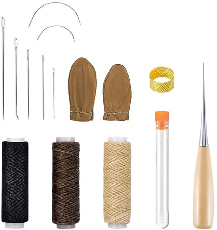 15 Pezzi Kit Ago da Cucire in Pelle, Strumenti di Cucito in Pelle, Aghi Vari e Filo Cerato per Riparazioni su Pelle, Tappeti e Tessuti Diversi, Punteruolo, Ditale in Ottone Accessori per Artigianato