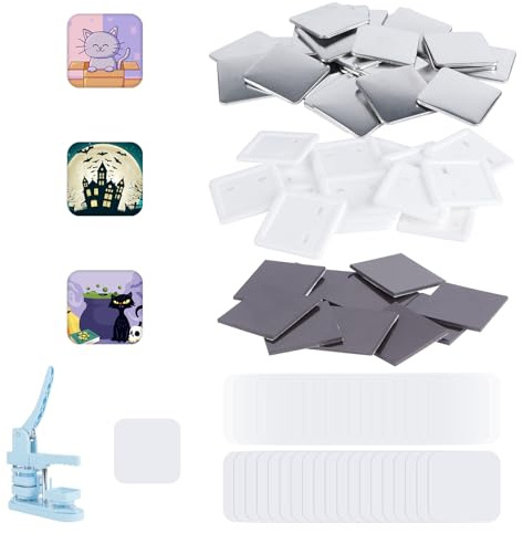 100 Sets Square Button Parts，Fridge Magnet Button Maker Supplies for Square-Shaped Badge Maker Machine 50mm，Including Metal Cover, Plastic Back Cover, Clear Film,