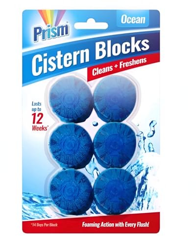 6 x Prism Ocean Toilet Cistern Blocks Foaming Toilet Cleaner with Blue Colouring Long Lasting Freshness for Limescale and Stain Control Toilet Freshener Descaler for Bathroom Home Office Commercial