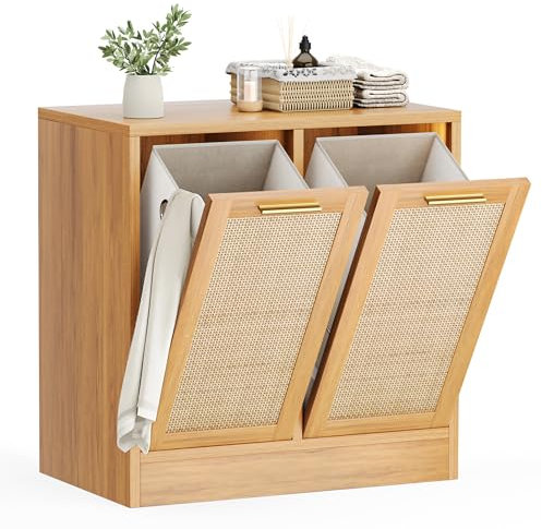 Pamapic Laundry Cabinet, Bathroom Cabinet with with Breathable Real Rattan Design, Clothes Storge Basket with 2 Removable Laundry Baskets, Bathroom Storage Unit, Anti-tip, 66 x 39,5 x 68 cm, Naturel